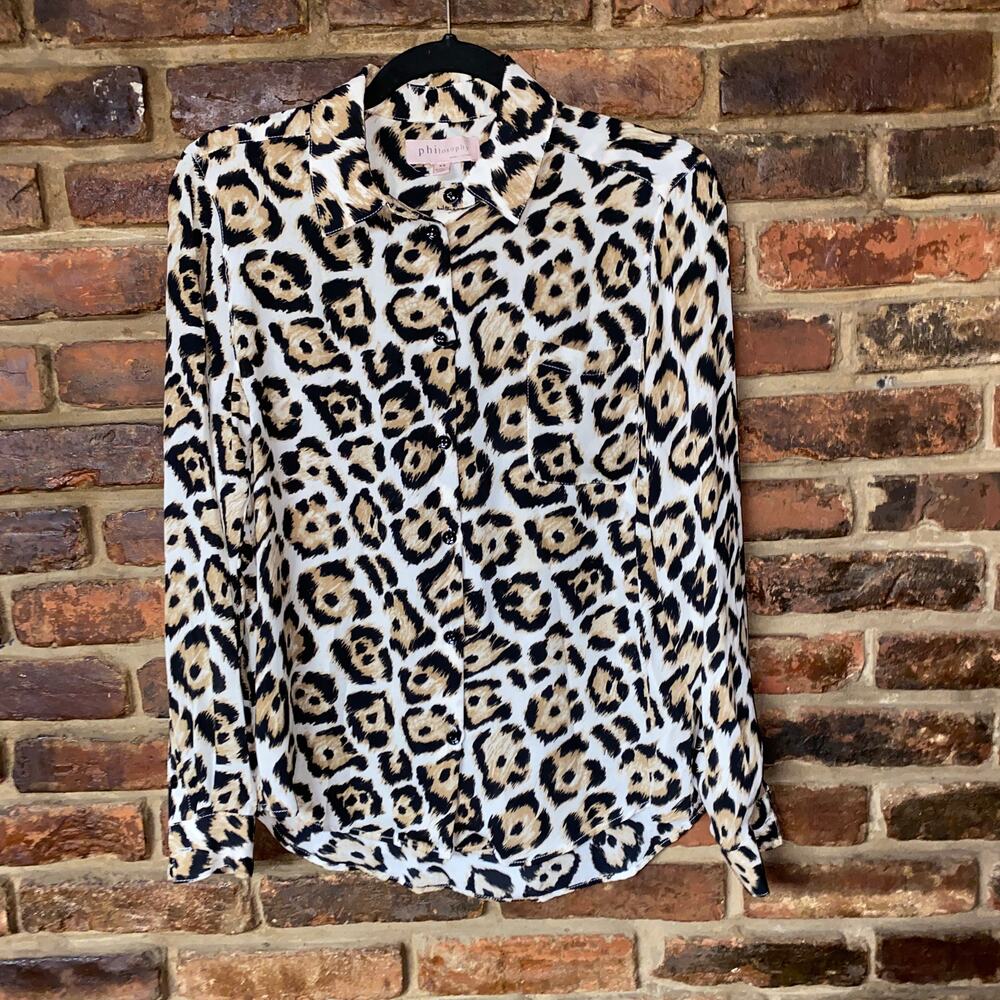 Philosophy Black Leopard Cheetah Long Sleeve Button Down Shirt Women's Size XS